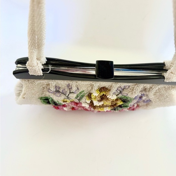 Vintage 50s Beaded Evening Purse Floral Acrylic Top Handle Bag Satin - Picture 8 of 10